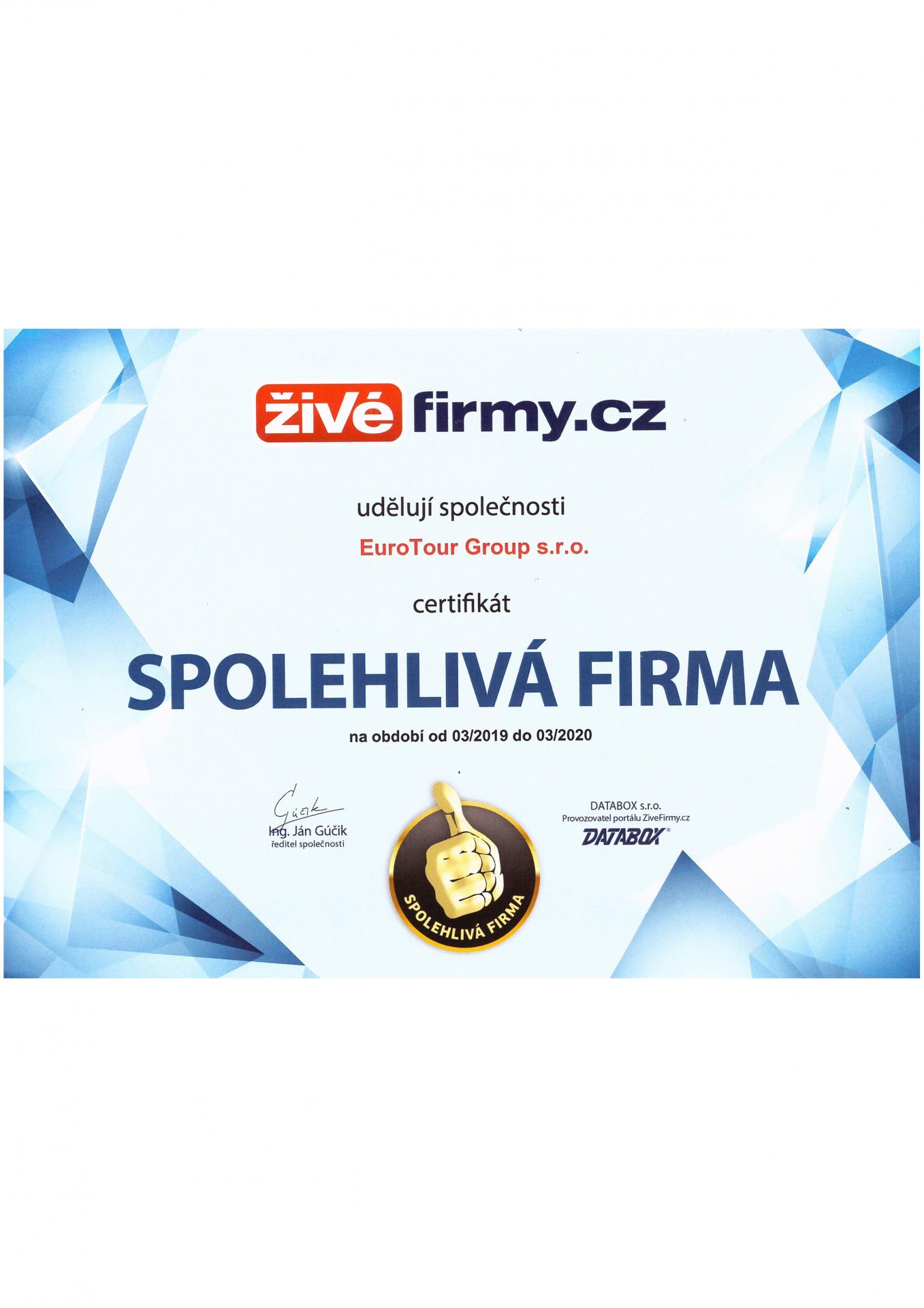 Certifikat Spolehliva firma